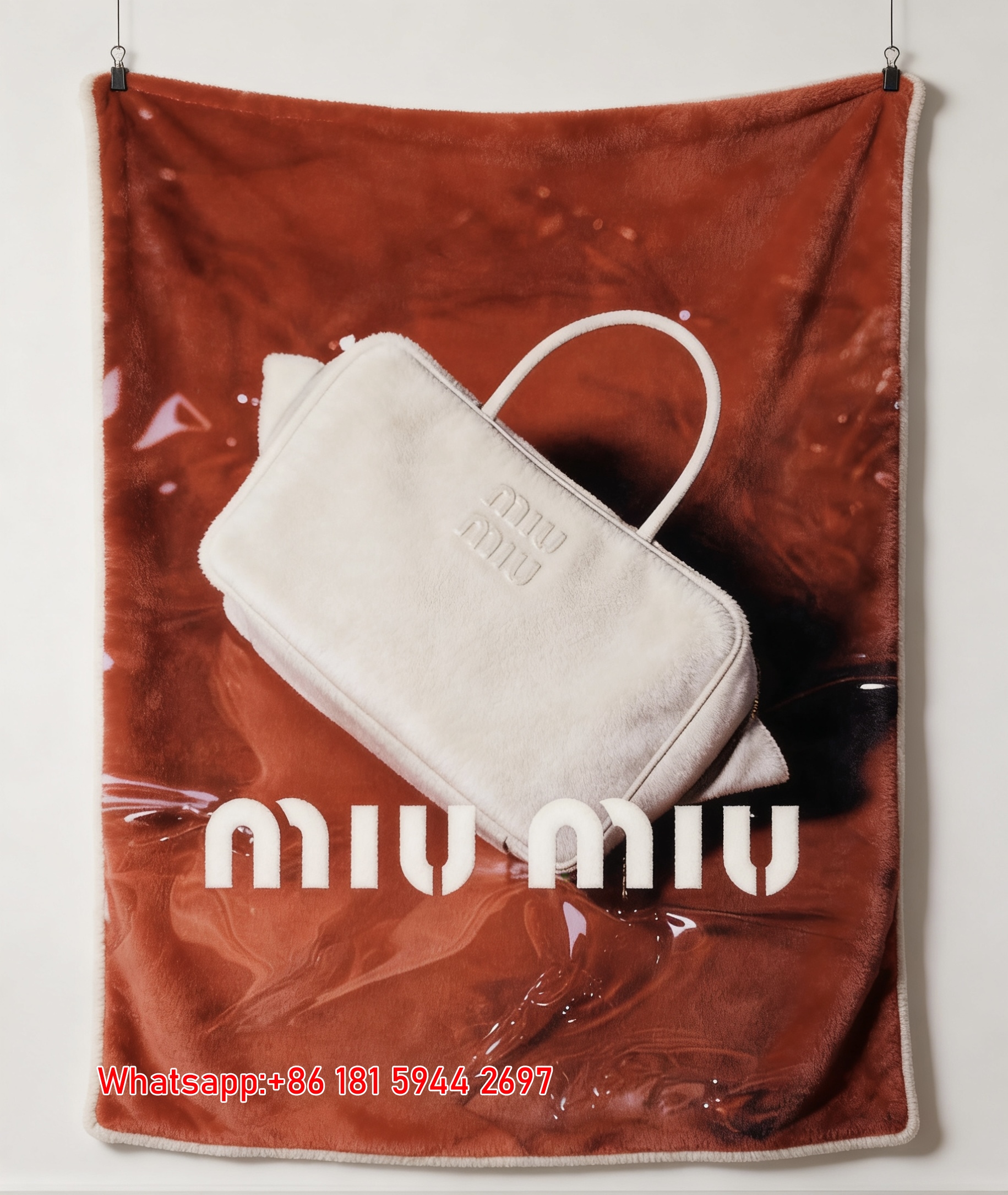 Miu Miu White Top Handle Bag on Deep Red Background Print Flannel Throw Blanket IMG_0396